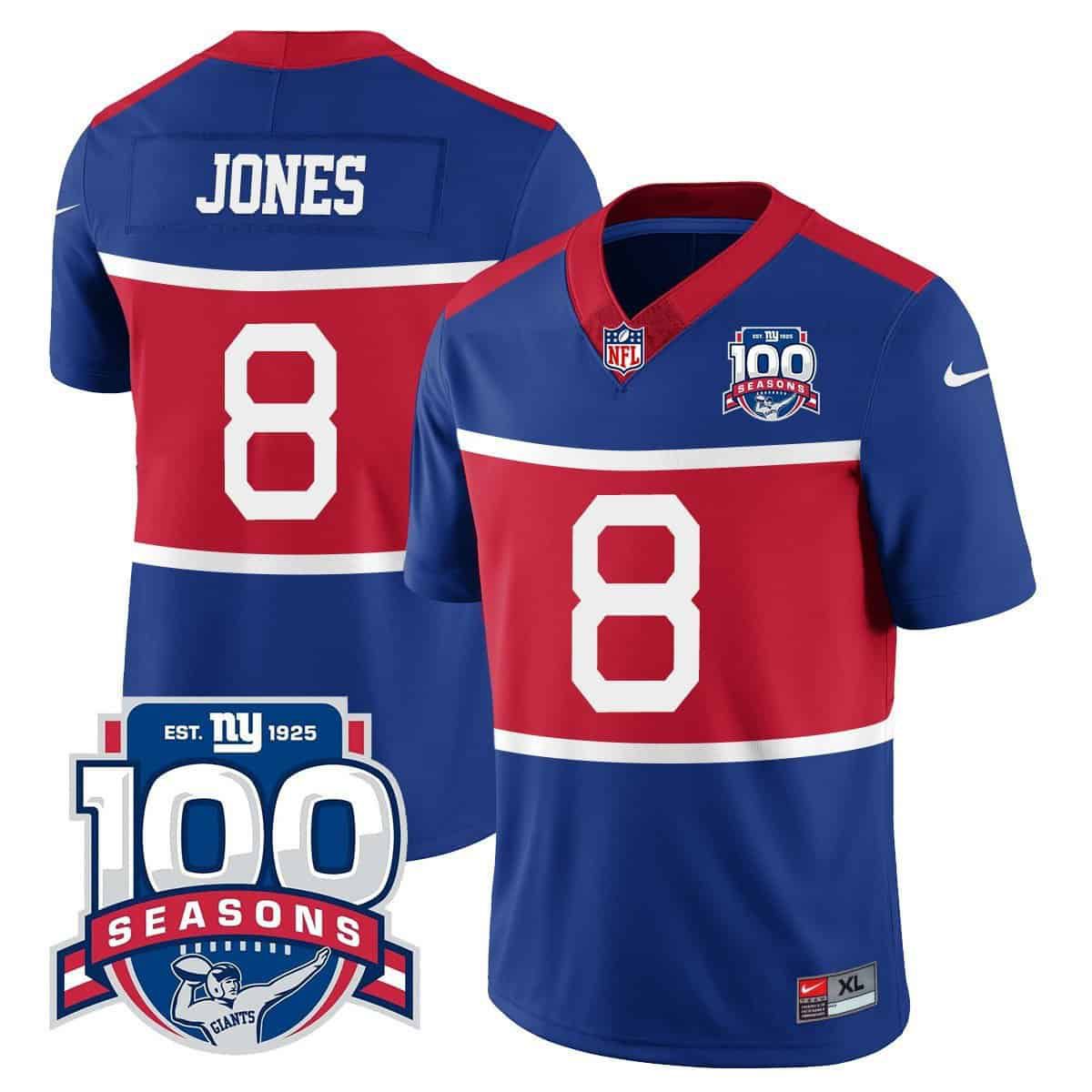 Men New York Giants #8 Jones 2024 Nike Blue 100TH Season Commemorative Vapor NFL Jersey